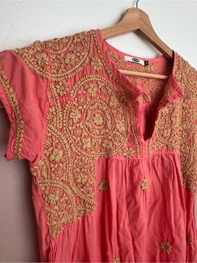 Boho Coral Embroidered Short Sleeve dress 100% cotton